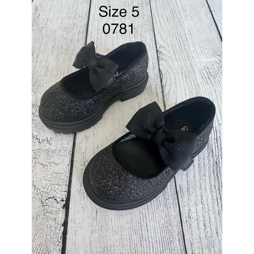 Cat & Jack Toddler Girls Black Glitter Mary Jane Shoes Bow Lug Sole Size 5
